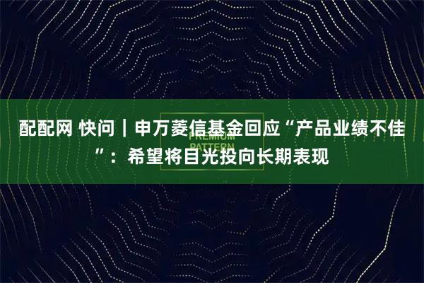 配配网 快问｜申万菱信基金回应“产品业绩不佳”：希望将目光投向长期表现